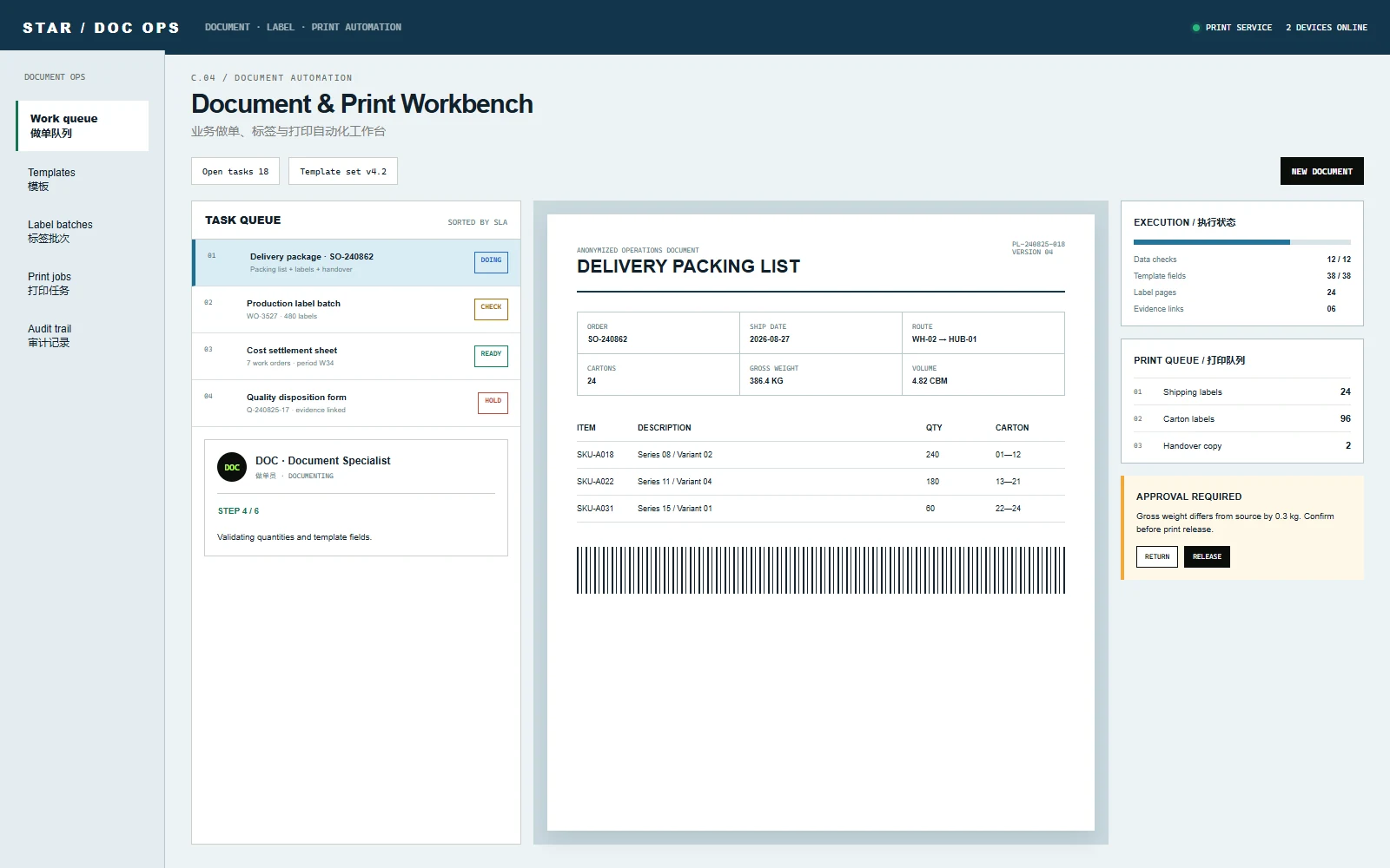 Packing list & logistics document Agent system interface