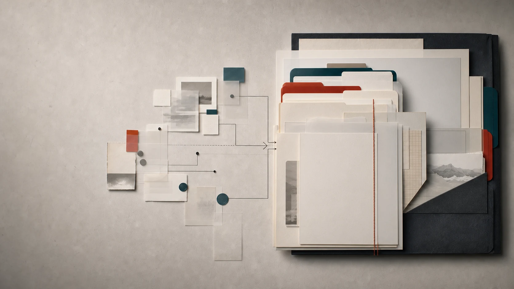 Editorial still life of source cards converging along index lines into a layered evidence ledger
